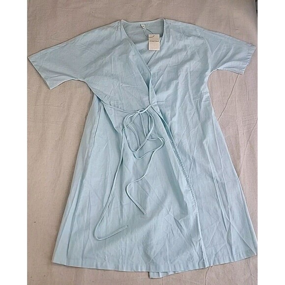 Grae Cove Dresses & Skirts - Grae Cove Linen Dress M Pale Blue Wrap Tie Pockets V Neck Praire Cottagecore NEW
